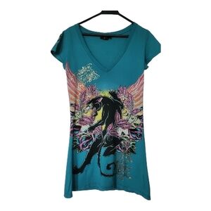 Christian Audigier Teal Graphic V-Neck Tee